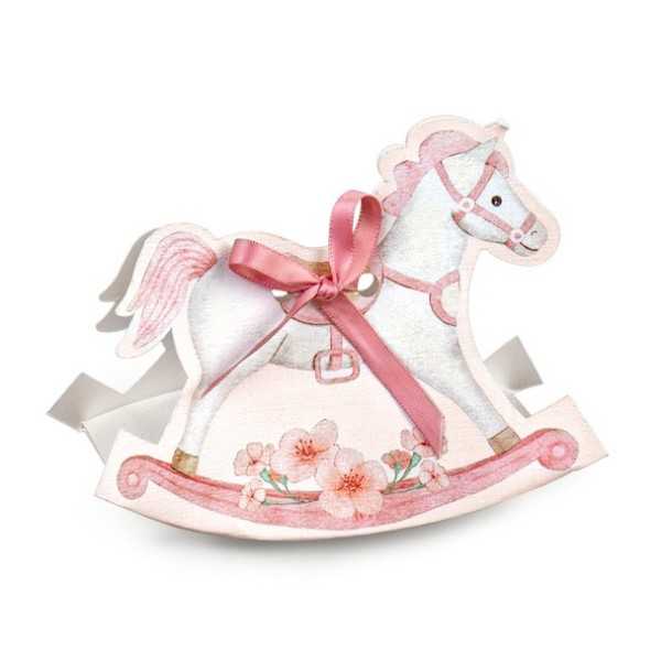 Scatolina porta confetti cavallo a dondolo rosa 10pz - 12x35x9