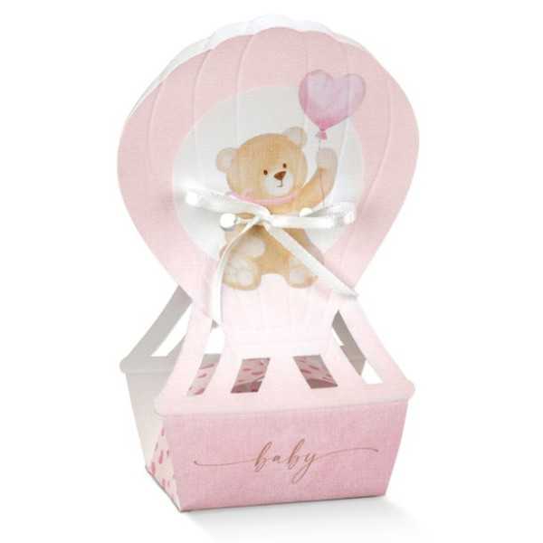 Scatolina mongolfiera con orsetto rosa 10pz - 6x4x14,5