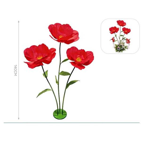 Base scenografica con 3 fiori di carta – Colore rosso – H 140 cm