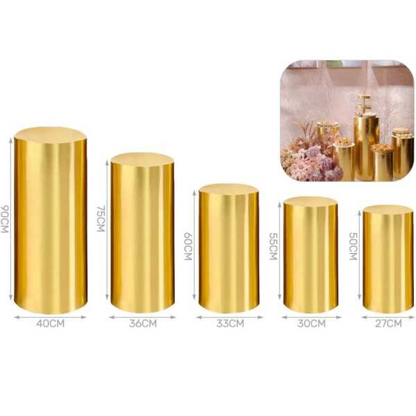 Set di 5 Colonne Cilindriche in Metallo per Allestimenti Oro